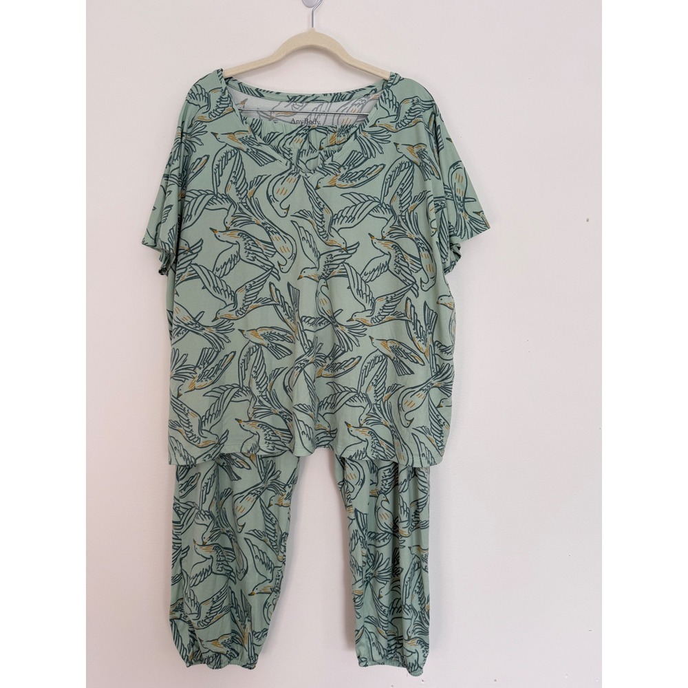 NWOT Women's QVC AnyBody 2Pc Pajama Lounge Pant Set‎ XLP Green Bird Print